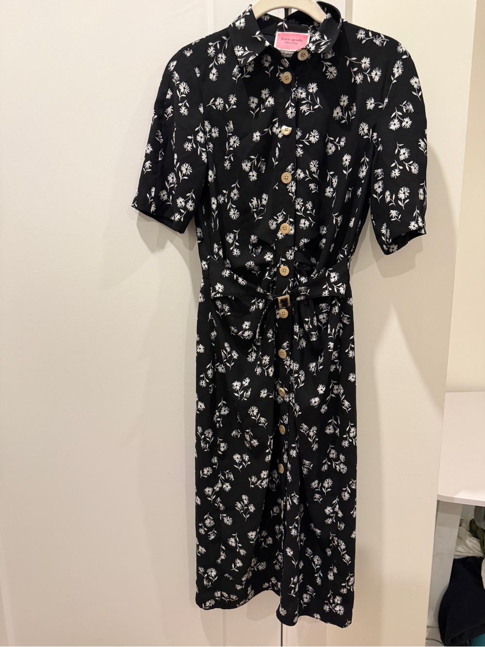 Kate spade Black Floral Button-Front Shirt Dress with Tie Waist